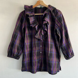 Lauren Ralph Lauren Plaid Ruffle Blouse Purple/Black Size M